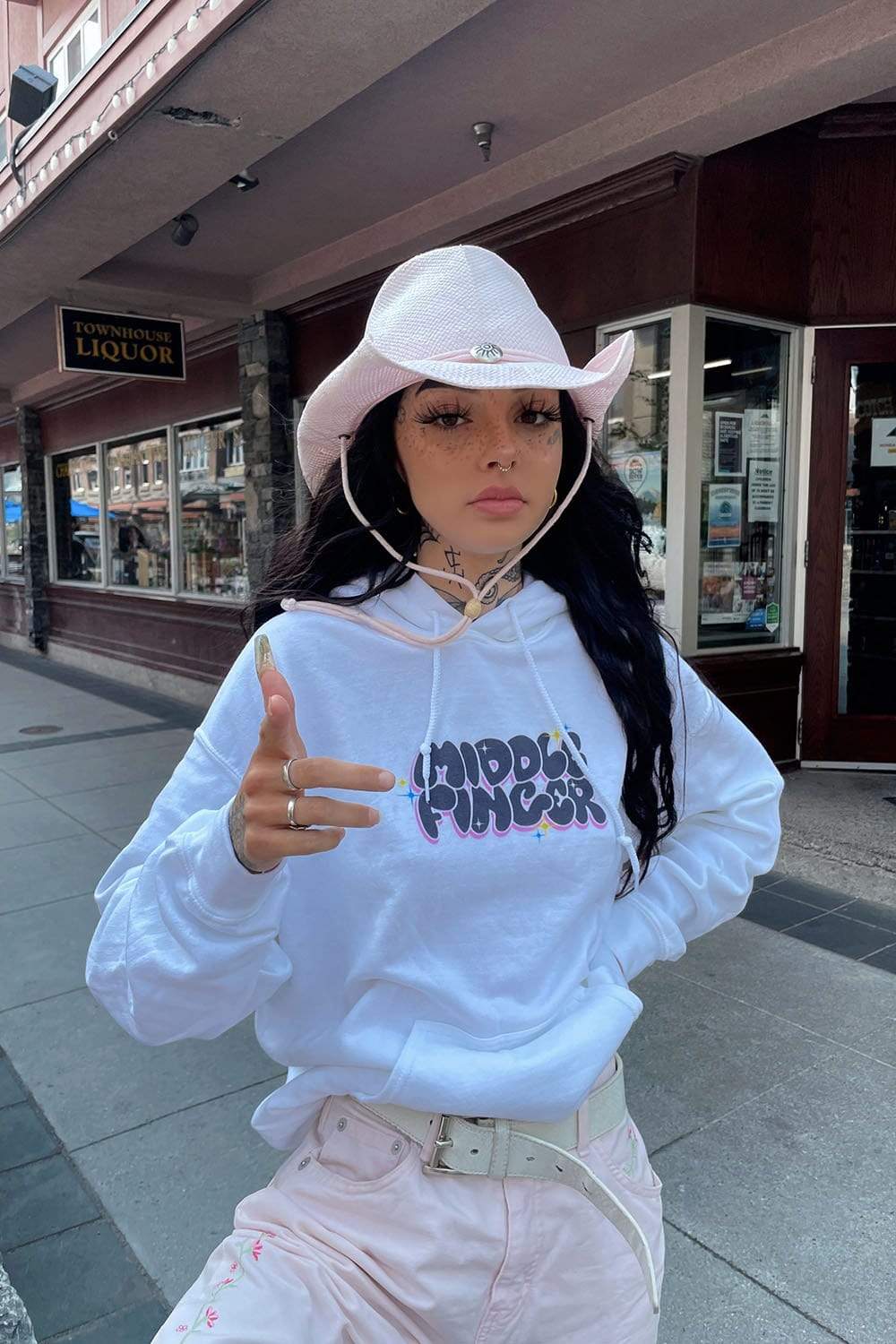 Keaton Belle: Middle Finger White Hoodie